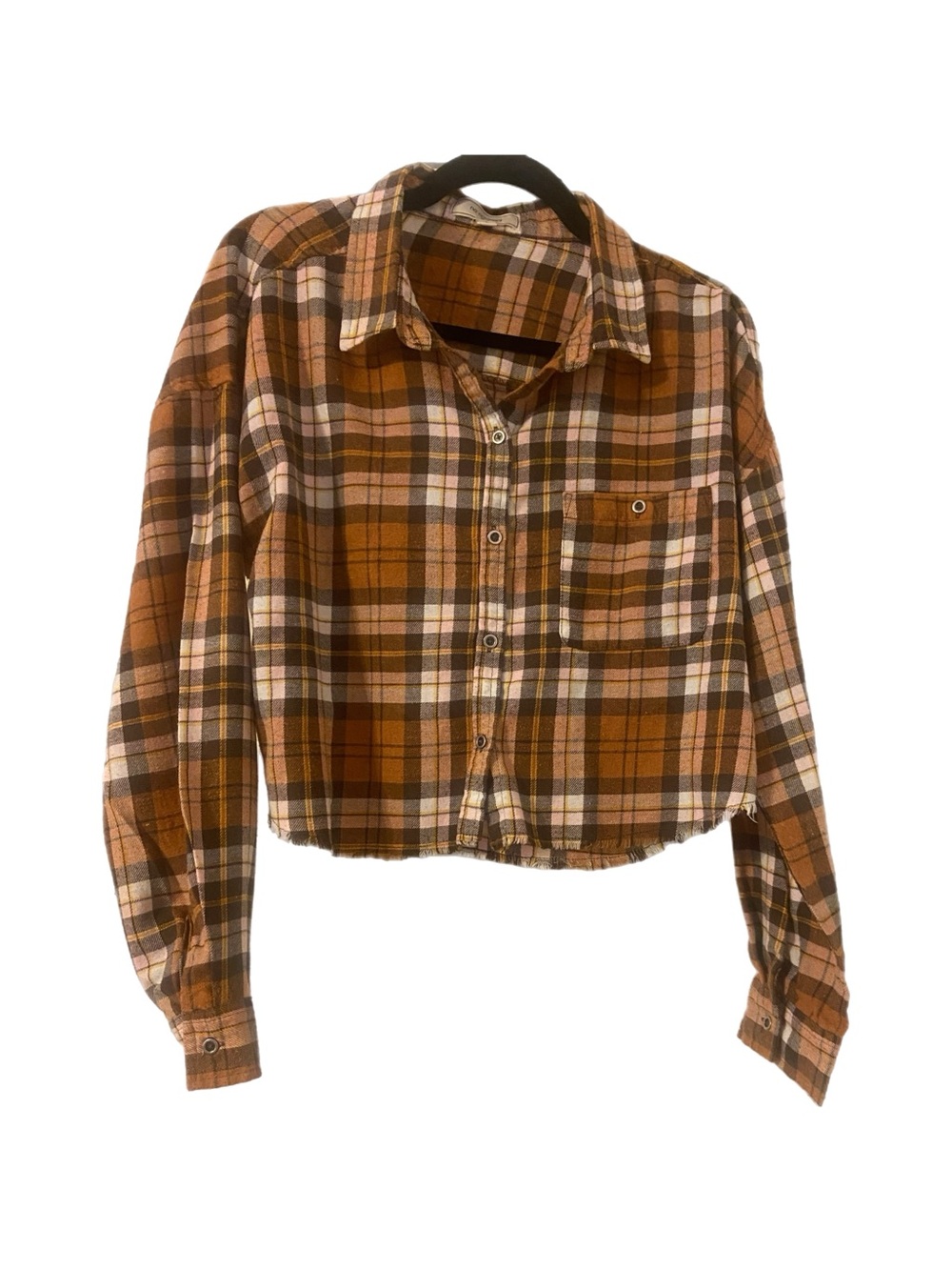 Womens Rust Plaid Cropped Button-Front Shirt Jacket